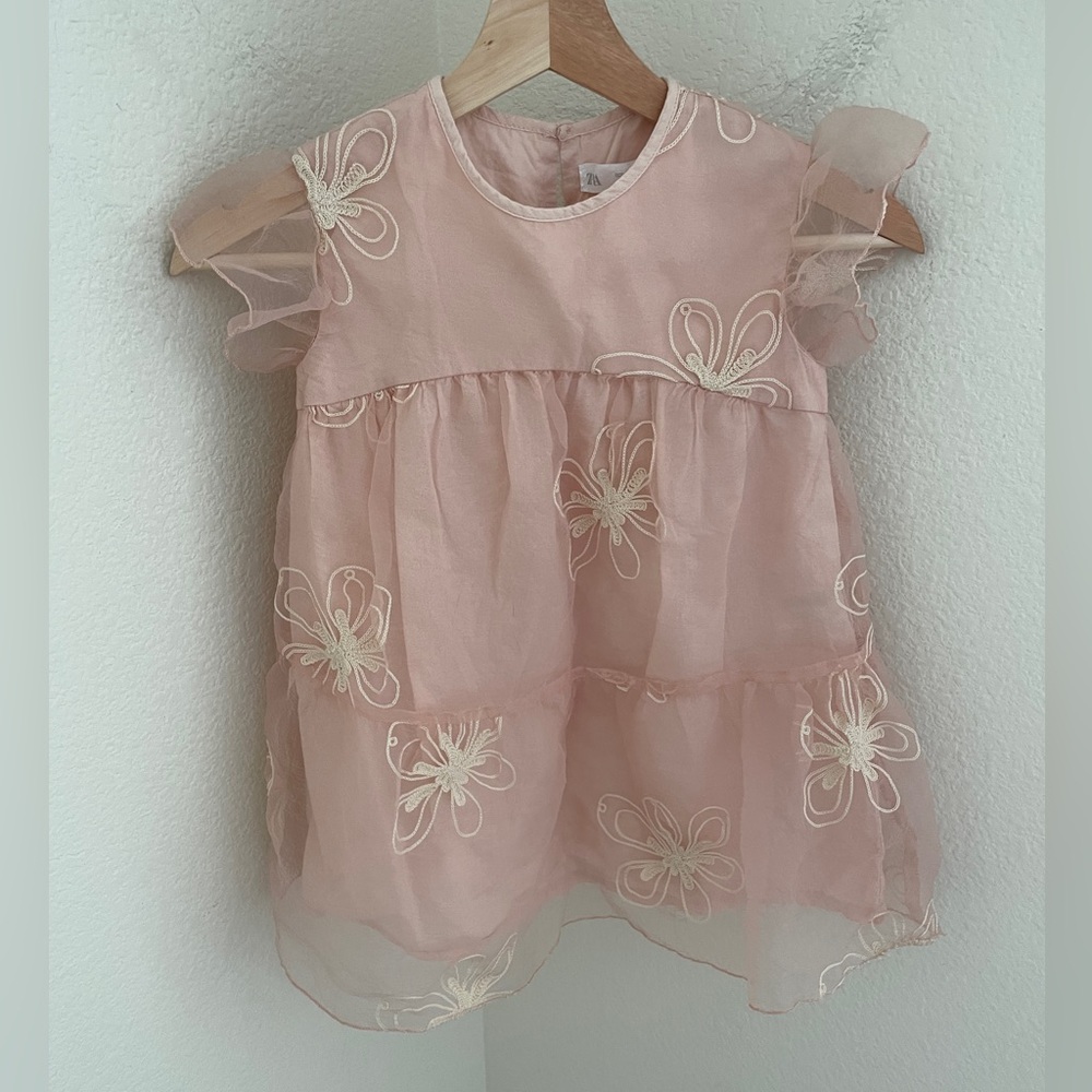 Zara Girls Light Pink Flower Floral Tulle Dress Size 5-6 Kids Blush embroidered - Picture 3 of 8